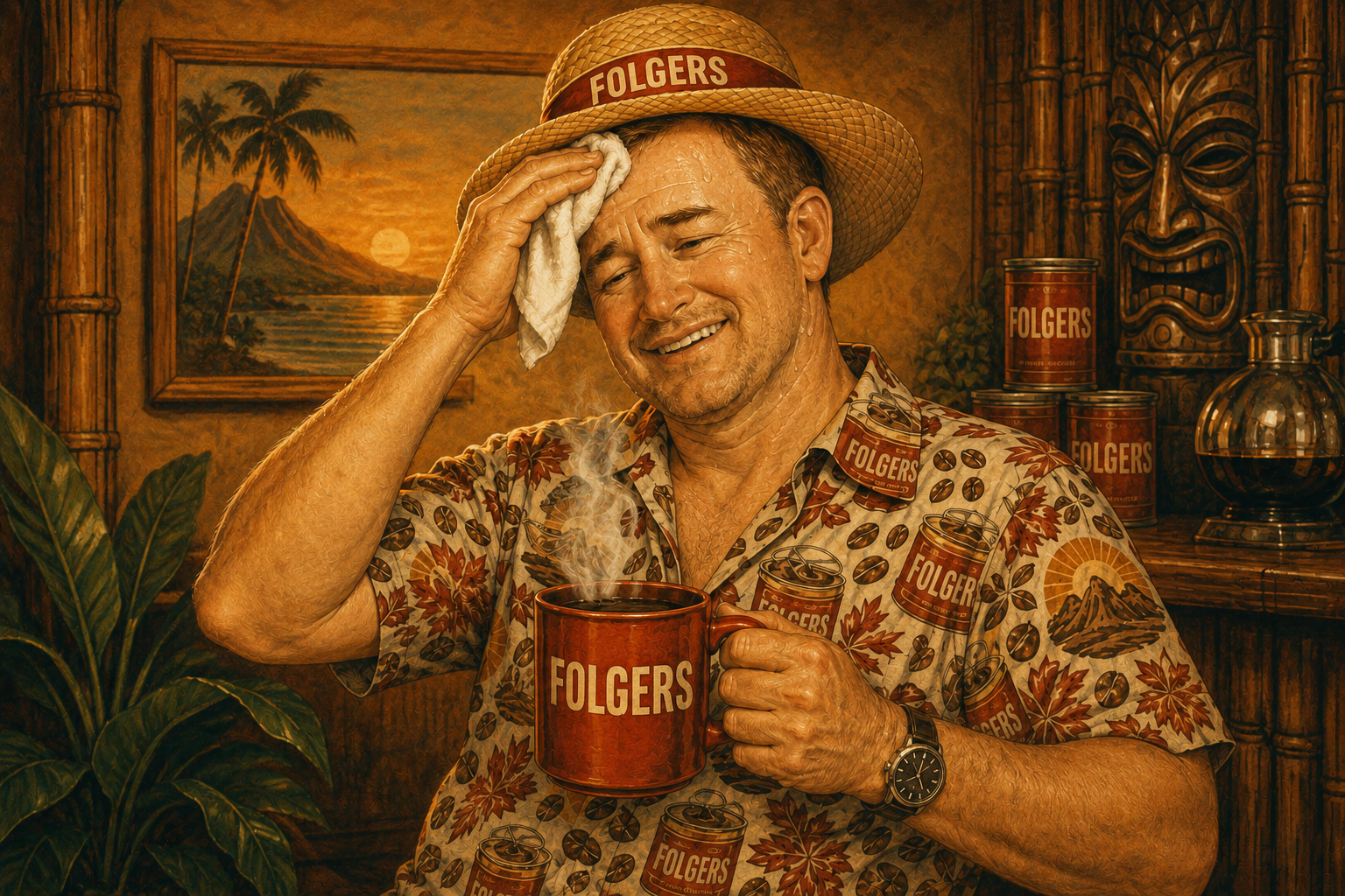 Craig wiping sweat from his forehead in relief while holding his beloved Folgers