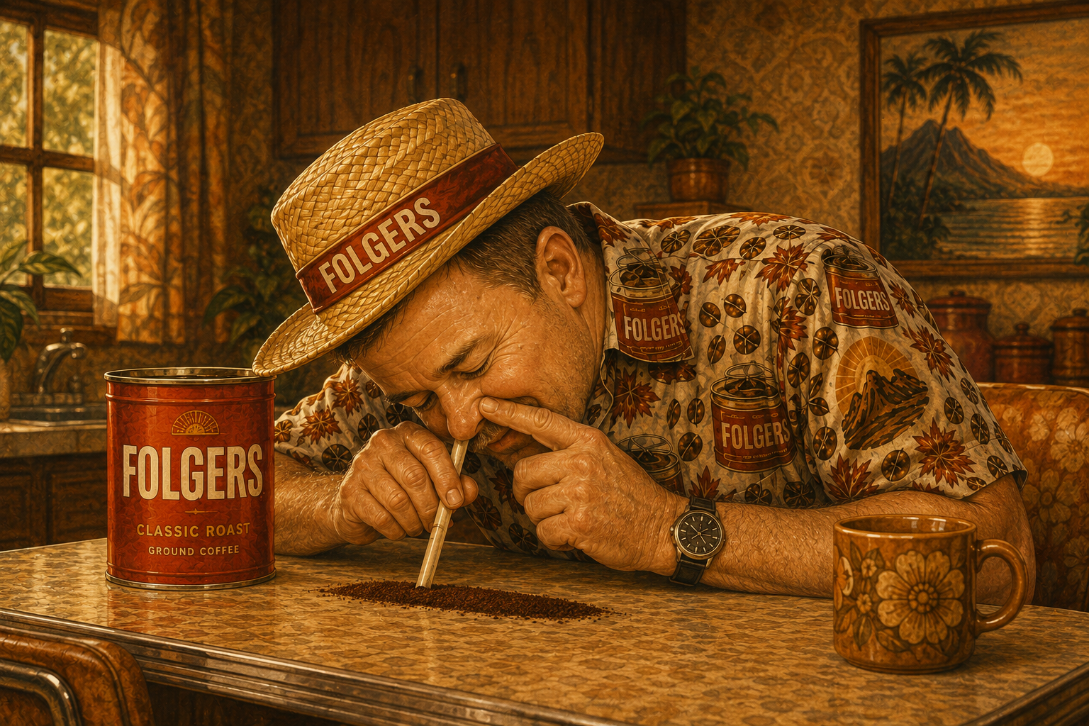 Craig leaning over a kitchen table and snorting ground coffee beside a red can of Folgers