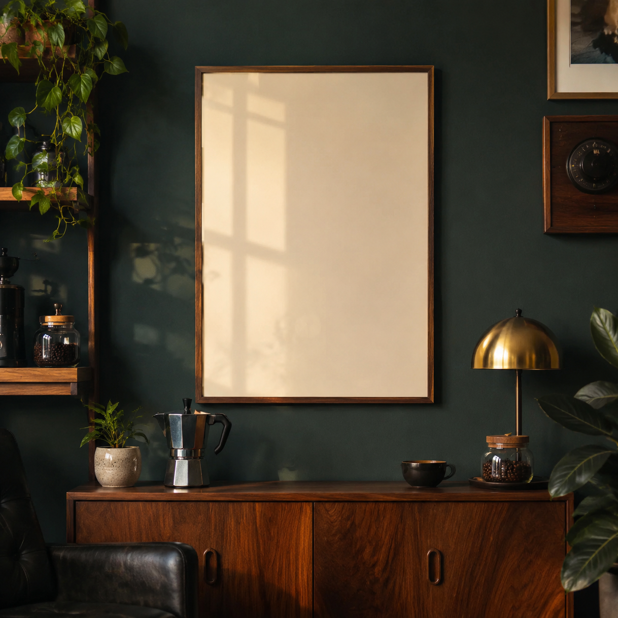 Framed poster displayed in a warm mid-century coffee den
