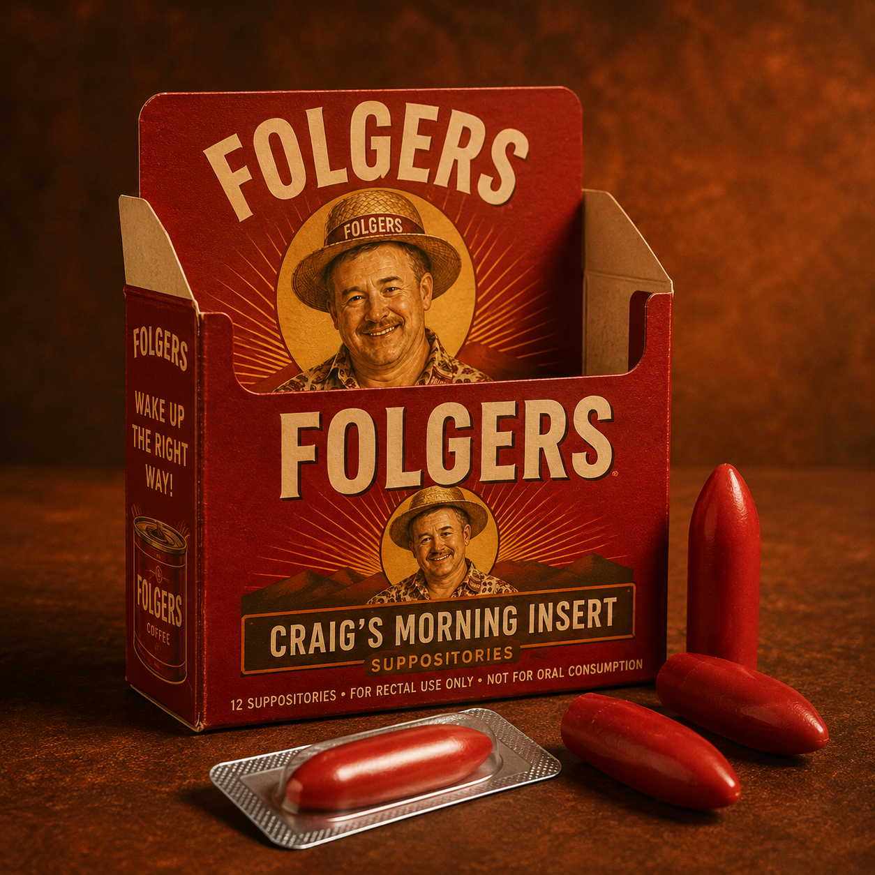 Red novelty Folgers suppositories in packaging featuring Craig’s face